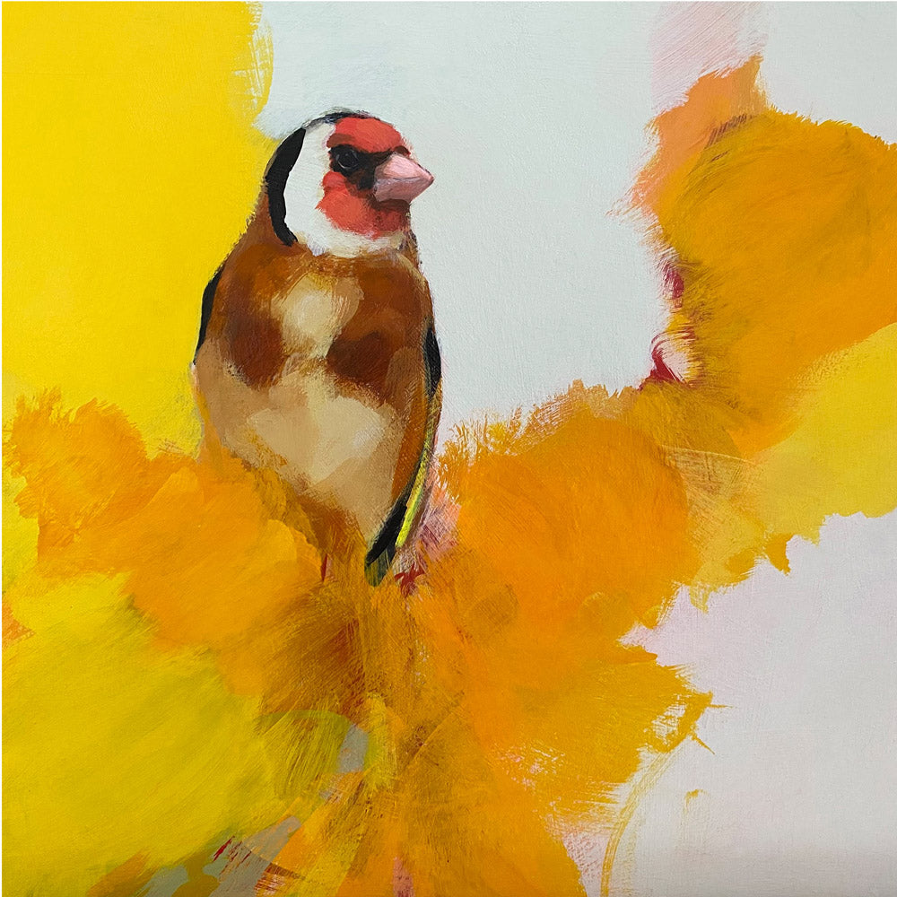 Gold finch in parchment and yellow