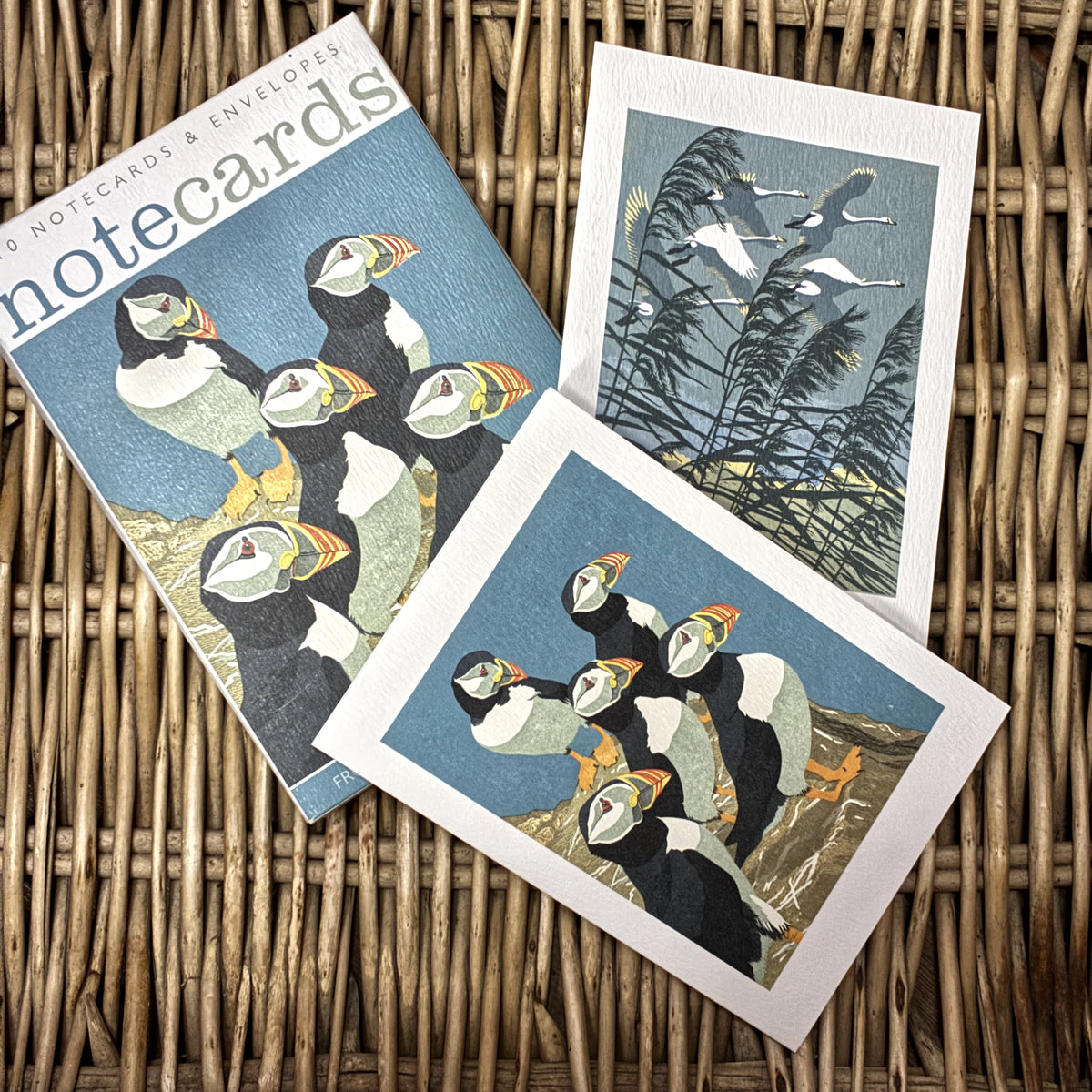 Puffins & Whooper Swans notecards by Robert Gillmor. Packs contains 10 cards and envelopes, 5 each of 2 designs - 105mm x 148mm. Printed in the UK by Art Angels Publishing.