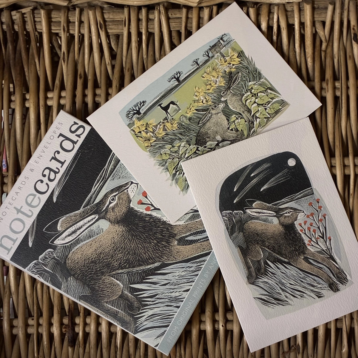 Shooting Stars & Look Out! by Angela Harding. Packs contains 10 cards and envelopes, 5 each of 2 designs - 105mm x 148mm. Printed in the UK by Art Angels Publishing.