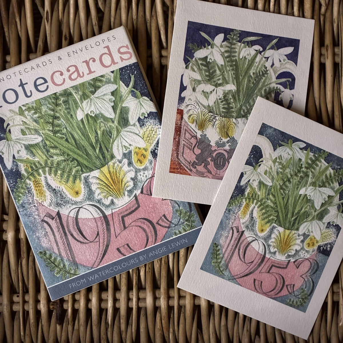 February Coronation Mug &1953 Coronation Mug and Snowdrops by Angie Lewin. Packs contains 10 cards and envelopes, 5 each of 2 designs - 105mm x 148mm. Printed in the UK by Art Angels Publishing.
