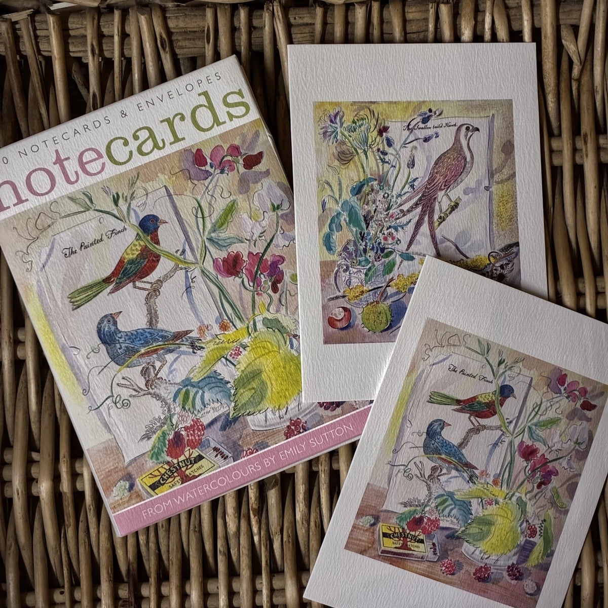 Swallow Tail'd Hawk & The Painted Finch notecards by Emily Sutton. Packs Contains 10 cards and envelopes, 5 each of 2 designs - 105mm x 148mm. Printed in the UK by Art Angels Publishing
