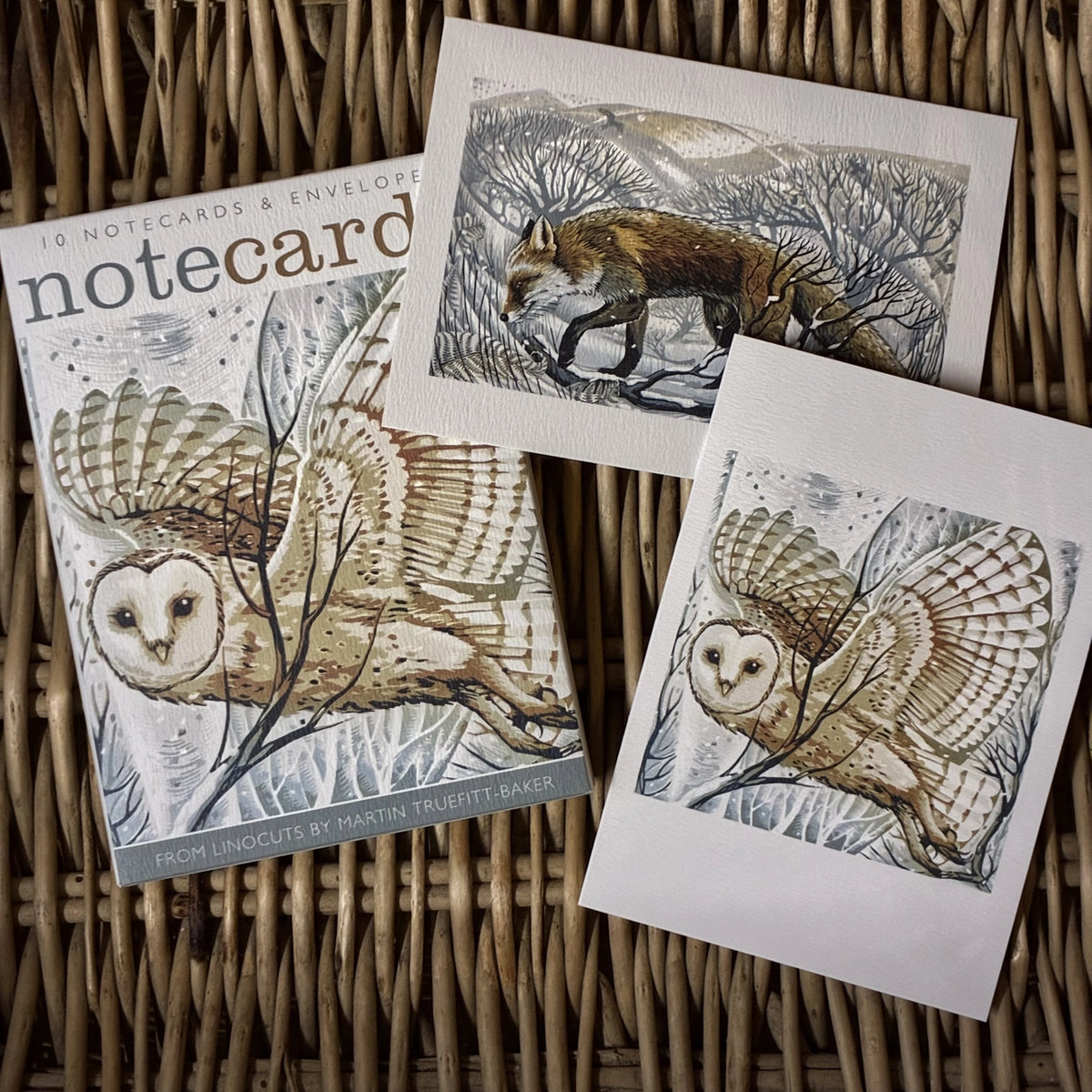 Barn Owl, Winter Branches & Winter Fox Notecards by Martin Truefitt-Baker. Packs contains 10 cards and envelopes, 5 each of 2 designs - 105mm x 148mm. Printed in the UK by Art Angels Publishing.