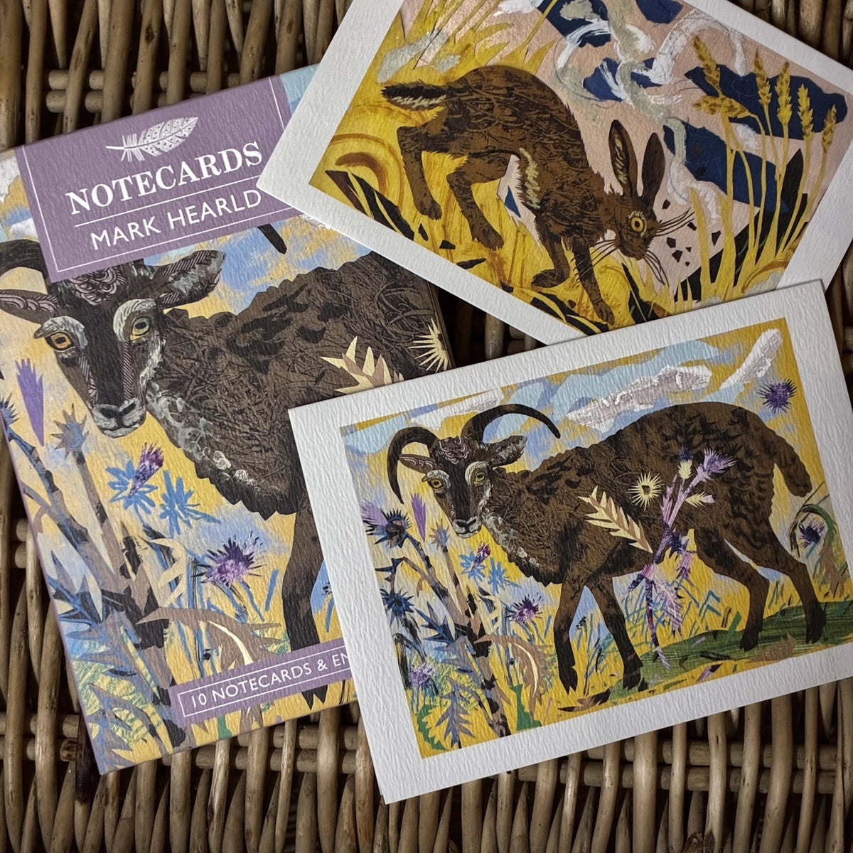 Soay Sheep & Hare notecards by Mark Hearld. Packs contains 10 cards and envelopes, 5 each of 2 designs - 105mm x 148mm. Printed in the UK by Art Angels Publishing