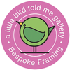 Logo of 'a little bird told me gallery' with a green bird on a pink background